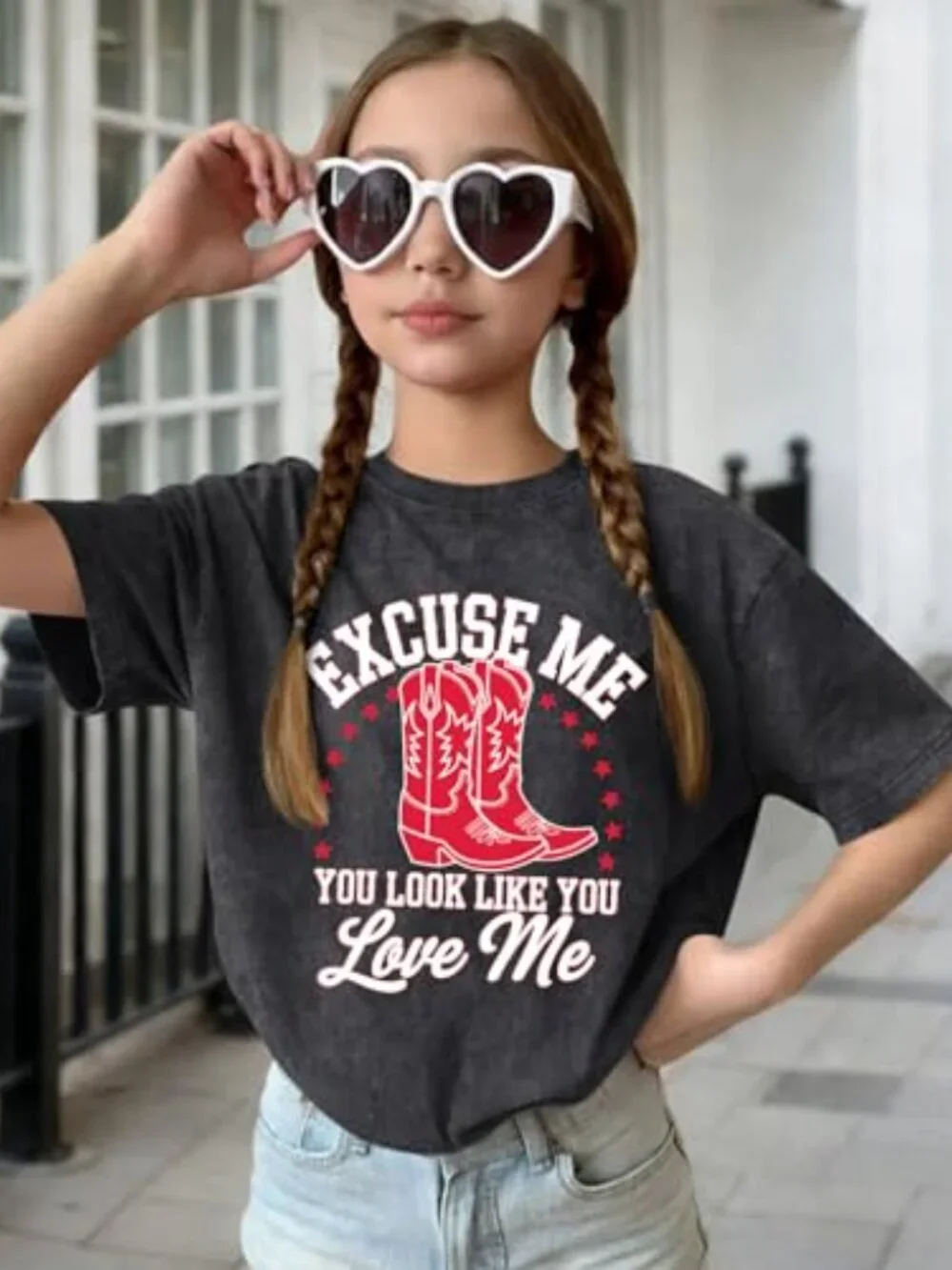 Girls Western Cowgirl T-Shirt Acid Wash Letter Print Rodeo Tee